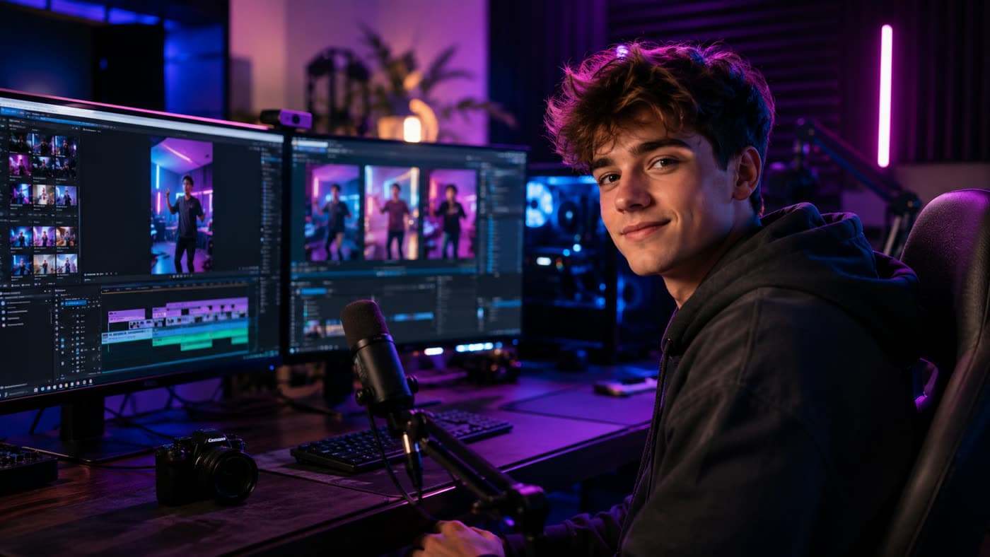A content creator editing video clips at a multi-monitor streaming setup