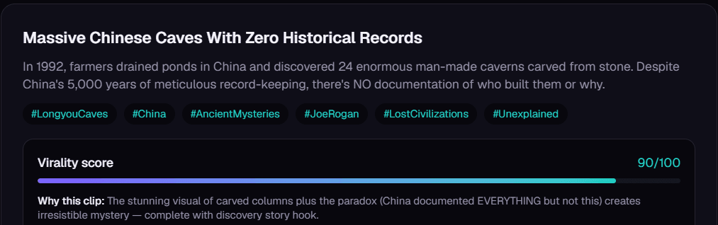 OptimaClip Clip Editor showing an AI-picked clip with a 90/100 virality score and the AI's reasoning for the pick