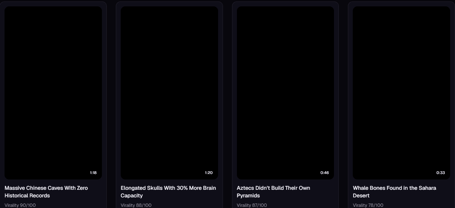 Real OptimaClip Clip Library screen showing four AI-generated clips with real durations and virality scores, from 78/100 to 90/100