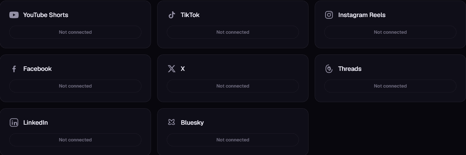 Real OptimaClip Connected Platforms screen listing YouTube Shorts, TikTok, Instagram Reels, Facebook, X, Threads, LinkedIn, and Bluesky